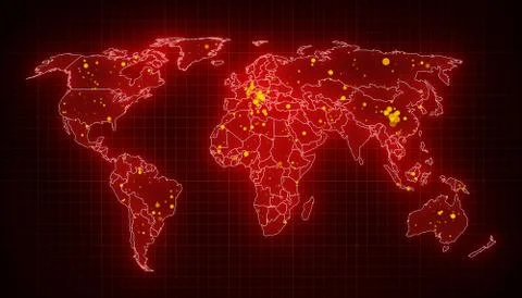 3d render of a world map showing the outbreak of the coronavirus with orange イラスト素材