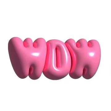 3d render WOW text pink sticker. Realistic bubble gum style design element Stock Illustration