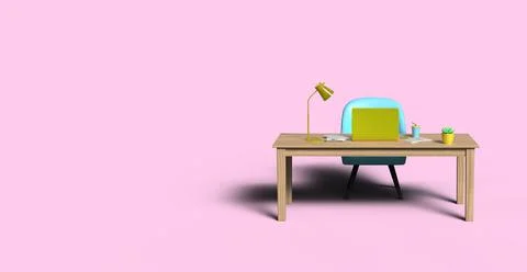 3d render of a writing desk with a laptop, lamp, paper and phone. Office wor Stock Photos