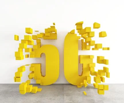 3D render of yellow 5G symbol consisting of abstract cubes on the floor 스톡 일러스트