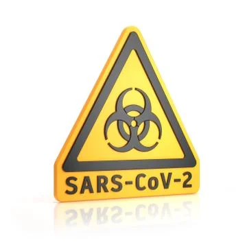 3d render of a yellow biohazard warning sign and the message SARS-CoV-2 스톡 일러스트