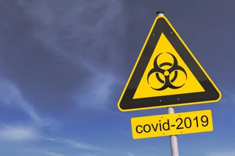 3d render of a yellow biohazard warning sign and the message covid-2019 Illustrazione stock