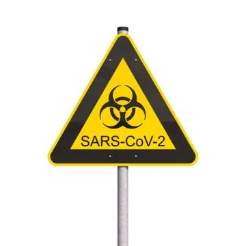 3d render of a yellow biohazard warning sign and the message SARS-CoV-2 스톡 일러스트
