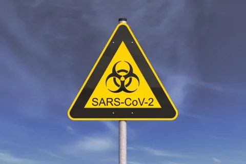 3d render of a yellow biohazard warning sign and the message SARS-CoV-2 Illustrazione stock