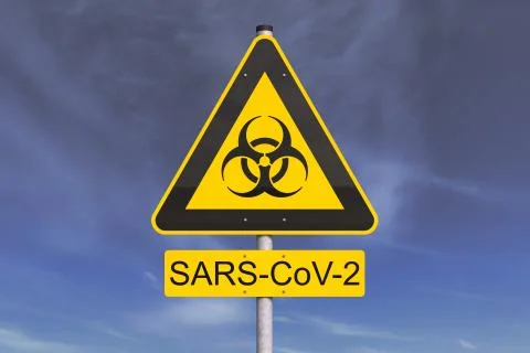 3d render of a yellow biohazard warning sign and the message SARS-CoV-2 스톡 일러스트
