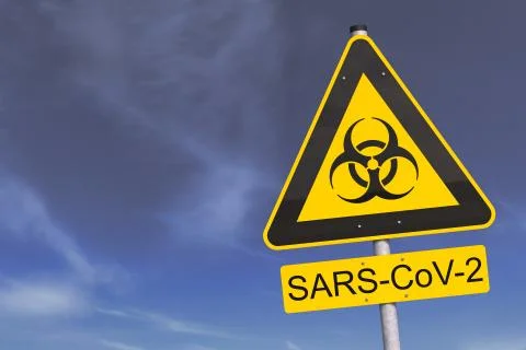 3d render of a yellow biohazard warning sign and the message SARS-CoV-2 스톡 일러스트