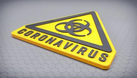 3d render of a yellow biohazard warning sign and the message Coronavirus Illustrazione stock