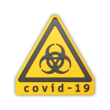 3d render of a yellow biohazard warning sign and the message covid-2019 Illustrazione stock