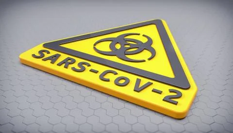 3d render of a yellow biohazard warning sign and the message SARS-CoV-2 Stock Illustration