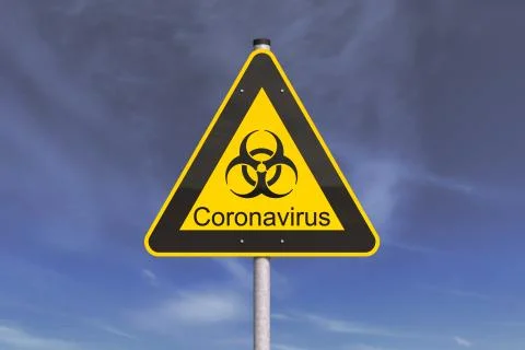 3d render of a yellow biohazard warning sign and the message Coronavirus Stock Illustration