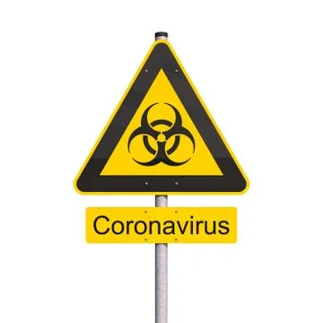 3d render of a yellow biohazard warning sign and the message Coronavirus Illustrazione stock