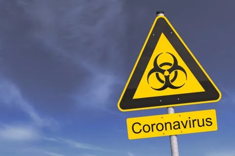 3d render of a yellow biohazard warning sign and the message Coronavirus Stock Illustration
