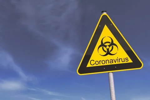 3d render of a yellow biohazard warning sign and the message Coronavirus Illustrazione stock