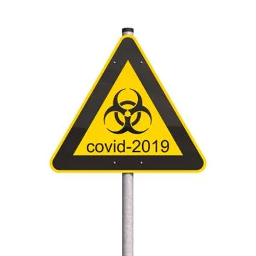 3d render of a yellow biohazard warning sign and the message covid-2019 Illustrazione stock