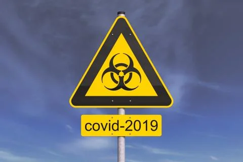 3d render of a yellow biohazard warning sign and the message covid-2019 Illustrazione stock