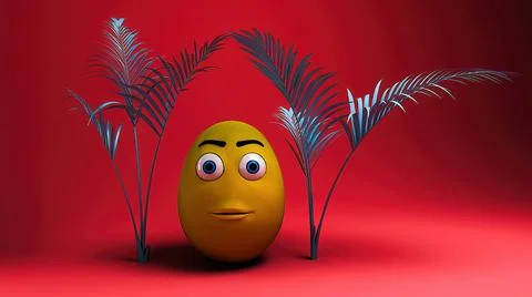 3d render yellow cartoon character easter egg rabbit with tree on red backgro Stock Illustration