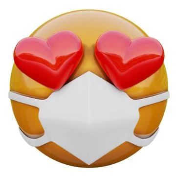 3D render of yellow emoji face fall in love within medical mask 库存插图