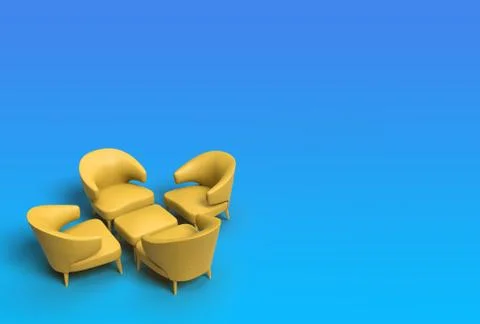 3d render of yellow leather coated single sofa facing each other with center Ilustración de archivo