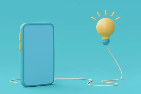 3d render yellow light bulb floating with smartphone on blue background.minim Stock Illustration