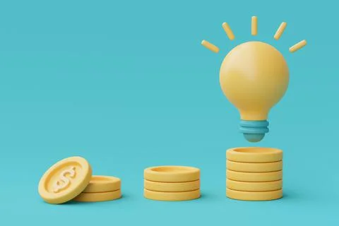 3d render yellow light bulb floating with coin stacks isolate on blue backgro Stock Illustration