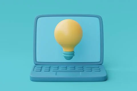 3d render yellow light bulb floating with computer laptop on blue background. Stock Illustration