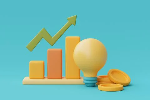 3d render yellow light bulb floating with graph bar and coin stacks isolate o Illustrazione stock