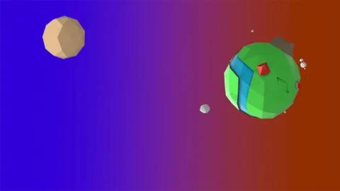 3d render. Yellow low poly moon orbitting around the earth in cartoon style over Ilustração Stock