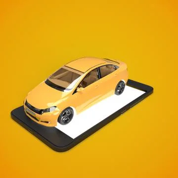 3d render. Yellow modern car standing on screen of mobile phone. Taxi service 스톡 일러스트