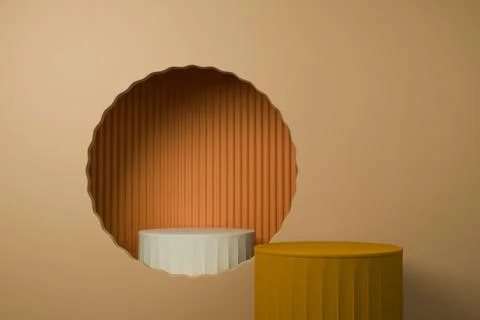 3D render Yellow podium on a beige background with a circular cutout Stock Illustration