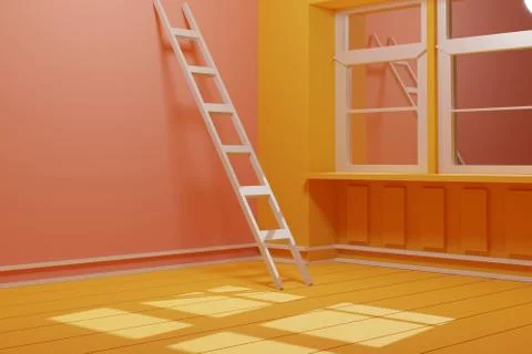 3d render of yellow room with white stair. Concept art. Stock Illustration