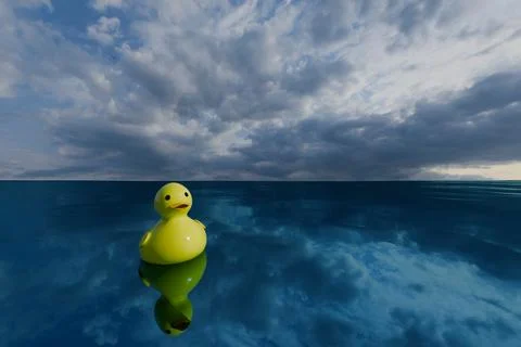 3d render of yellow rubber ducky floating on blue still water with dramatic.. Stock Illustration