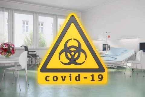 3d render of a yellow warning sign for biological hazards and the message cov Illustrazione stock