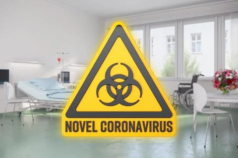 3d render of a yellow warning sign for biological hazards and the message nov Illustrazione stock