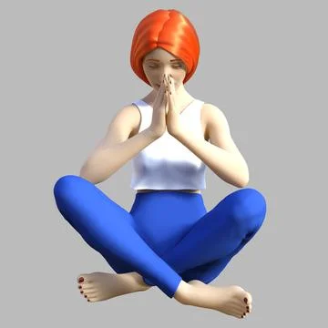 3d render yoga illustration of redheaded teenage girl on gray background. イラスト素材