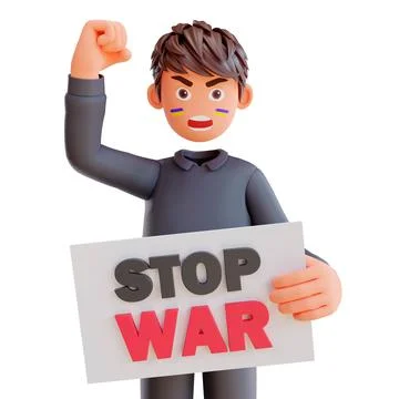 3d render of a young man with a poster 'Stop War' with a fist up isolated on a Stock Illustration