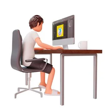3d render of a young man sitting in front of his desk with a computer on a white イラスト素材