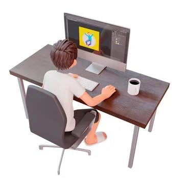 3d render of a young man sitting in front of his desk with a computer on a white Illustrazione stock