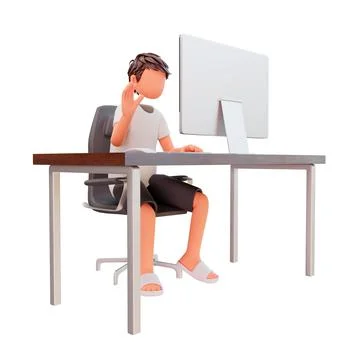 3d render of a young man sitting in front of his desk with a computer on a white Stock Illustration