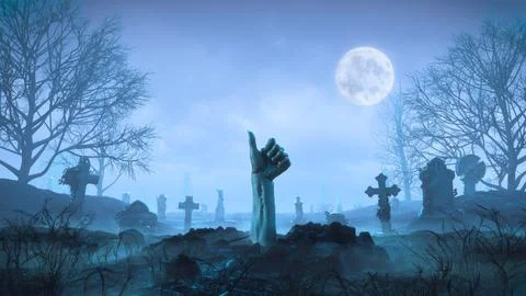 3d render Zombie hand crawls out of the ground at night against the background 스톡 일러스트