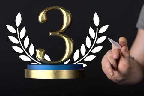 3D rendered 3rd place trophy with a real person in the background 스톡 사진
