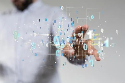 3D rendered abstract big data and artificial intelligence symbol touched by a Stock Photos