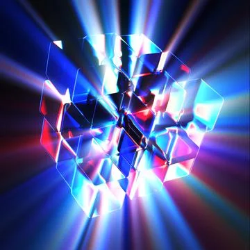 3d rendered abstract cubic shape with light rays and detailed reflection and Stock Illustration