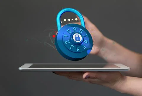 A 3D rendered abstract cybersecurity of digital network systems icon on a tab Stock Illustration