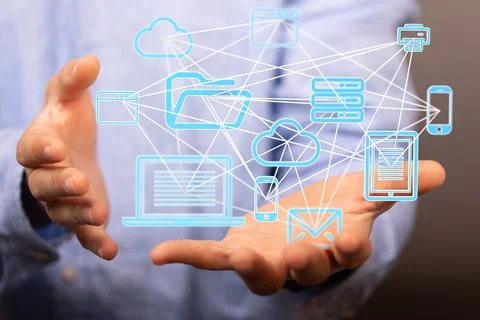 3D rendered abstract of digital network system icons in male hands Foto stock
