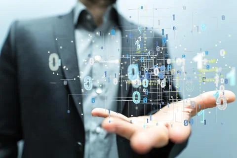 3D rendered abstract network with binary code hovering over a man's palm Stock Photos