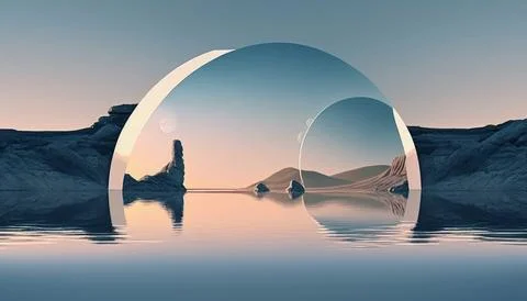 A 3D rendered abstract panoramic background of a serene northern seascape w.. Illustrazione stock