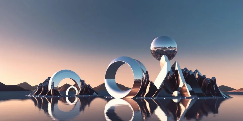 3D-rendered abstract panoramic wallpaper showcases a futuristic northern la.. Stock Illustration