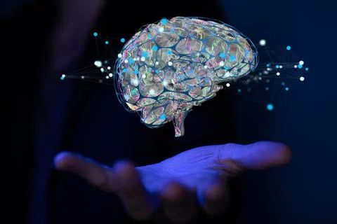A 3D rendered abstract sci-fi brain hovering over a man's palm - Artificial I Stock Photos