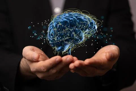 A 3D rendered abstract sci-fi brain hovering over a man's palms - Artificial  Stock Photos