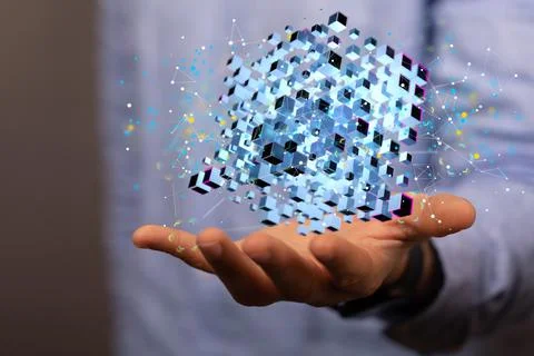 A 3d rendered abstract technology over a hand of a male - data internet infra Stock Photos